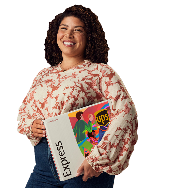 Woman holding the Express Box with artwork for Hispanic Heritage month.